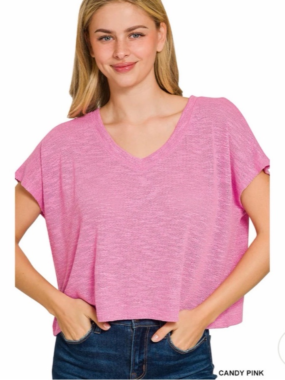 Zenana Candy Pink Heathered Hacci V-Neck Crop Top Small Soft Stretch Casual